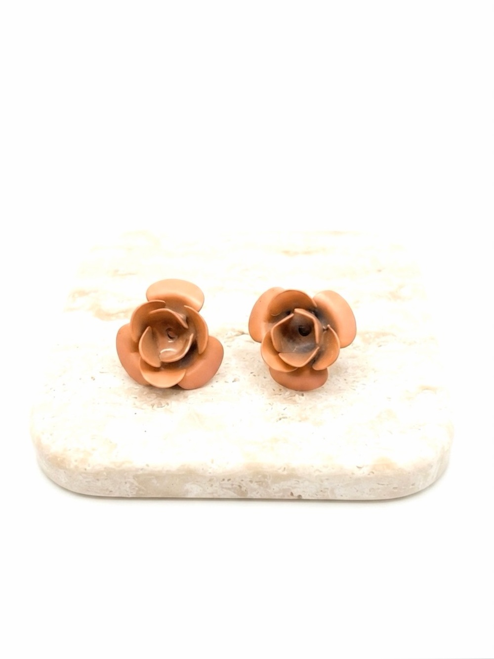 New Handmade Vintage Style Peach Rose 9k Gold Stud Earrings Hand Painted